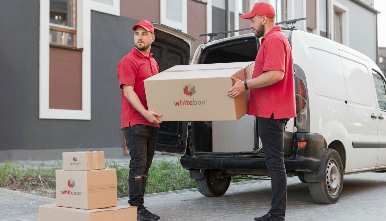 WhiteBox couriers loading a branded delivery van